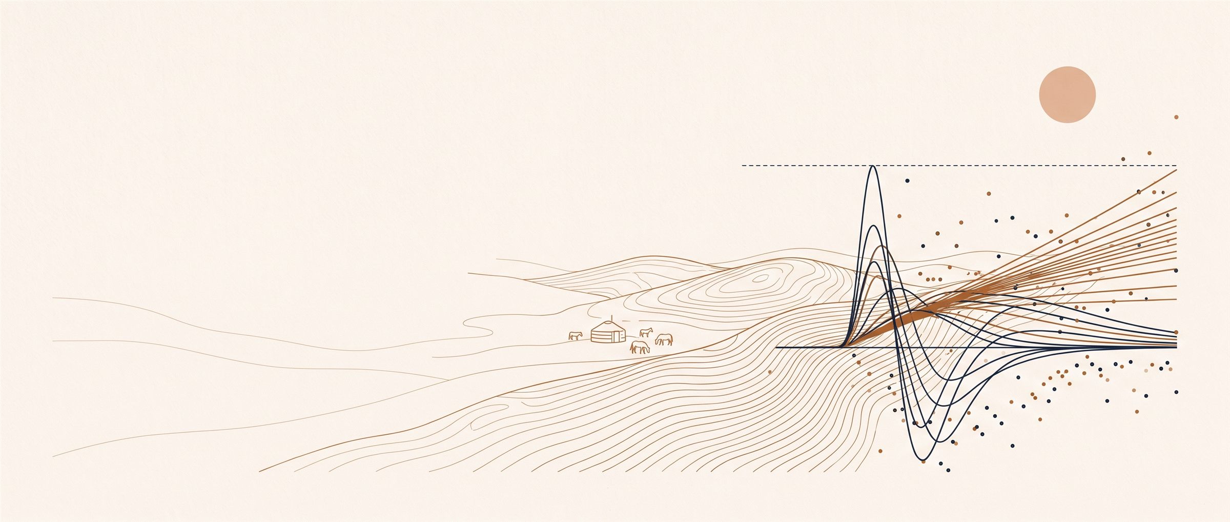 Contour lines of the Mongolian steppe flowing into economic model curves